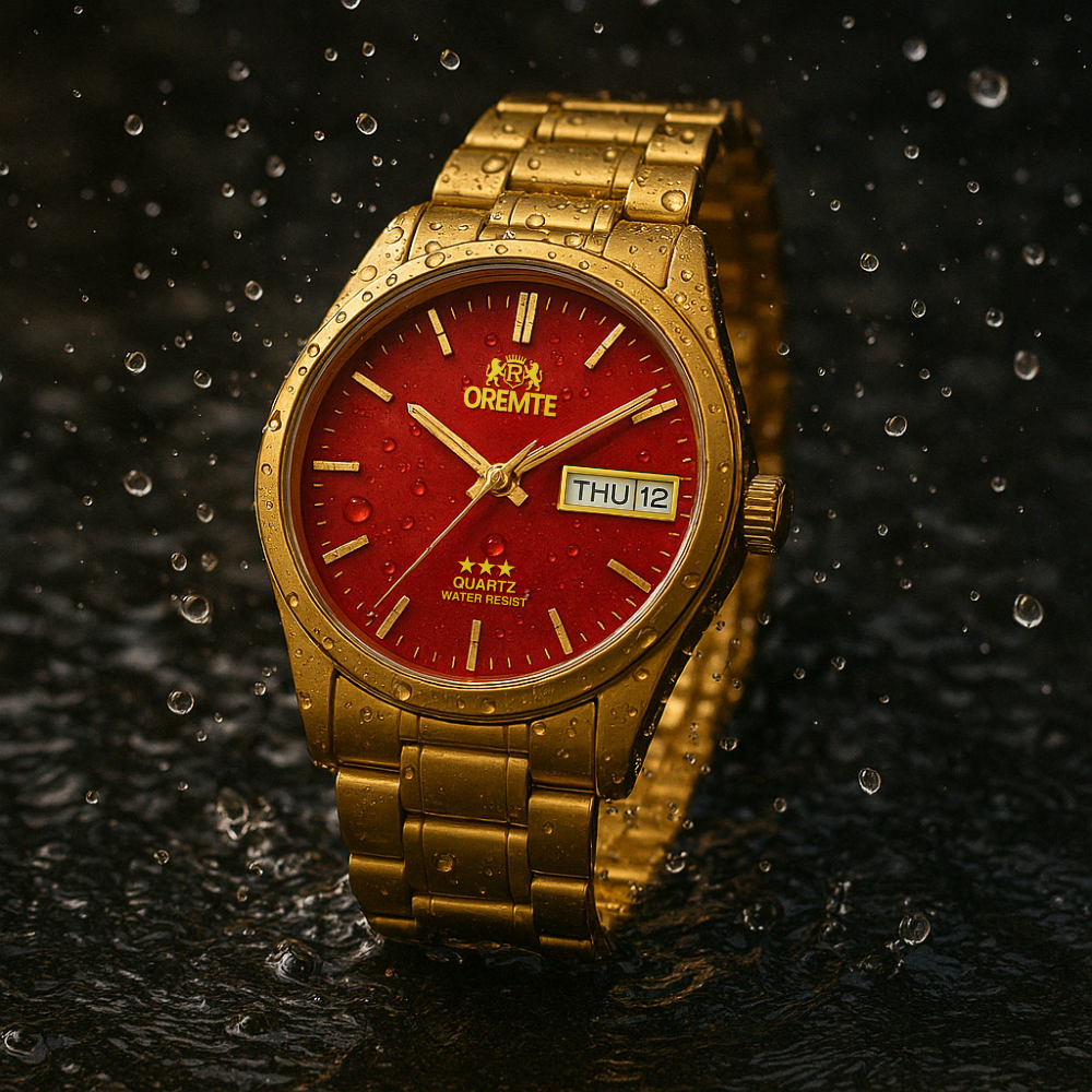 Relógio Oremte Dourado e Vermelho Calendário Executivo Luxo