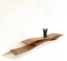 "The Wave Console, V2.2"Birch plywood. 2021, Bronze vase. (model)