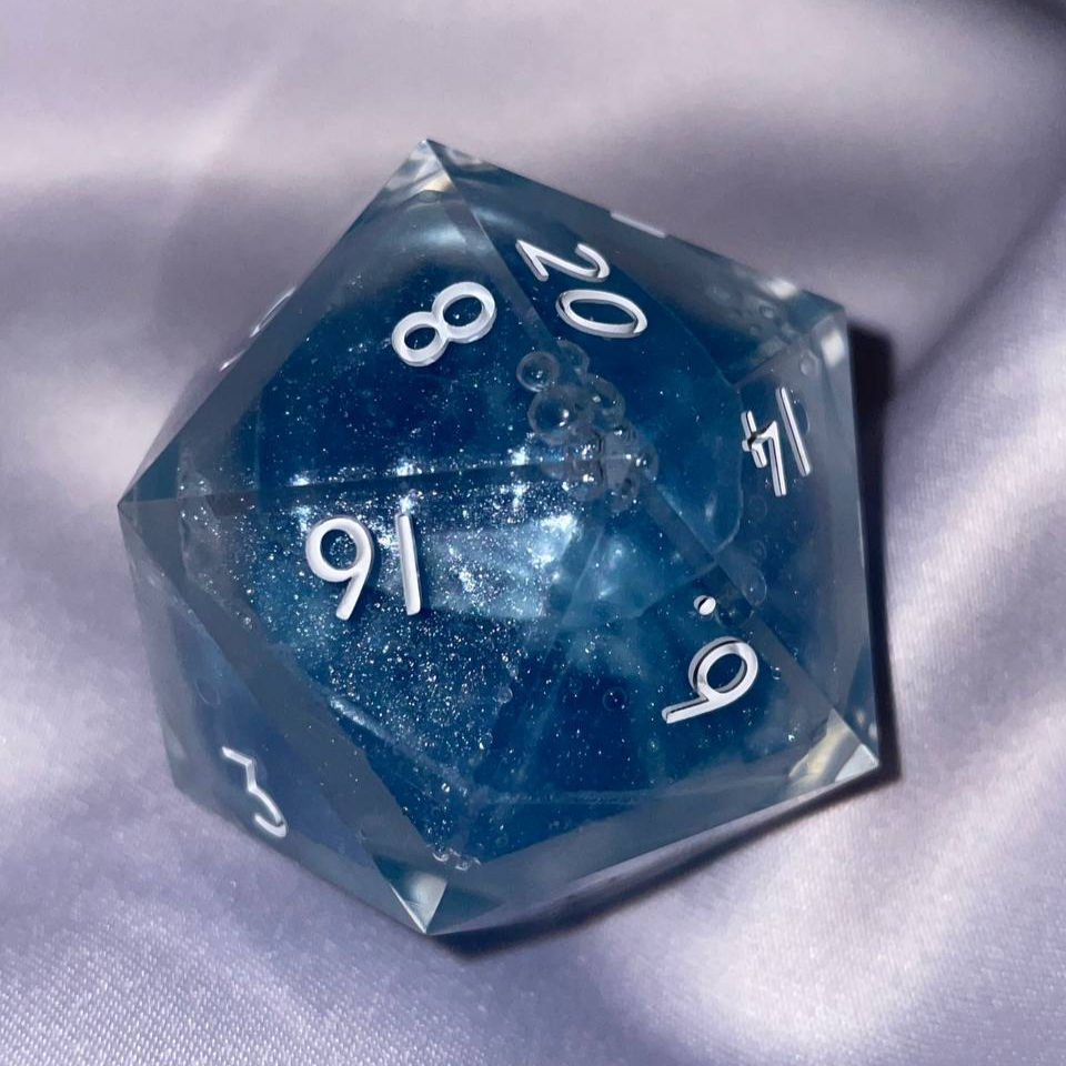 A deep ocean blue liquid core d20 chonk with bubble effects