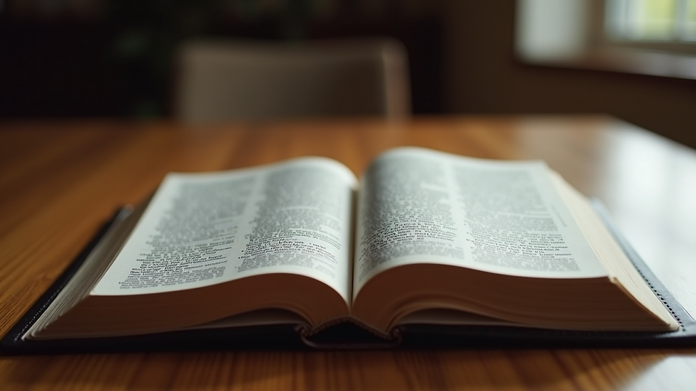 Eye-level view of an open Bible on a wooden table