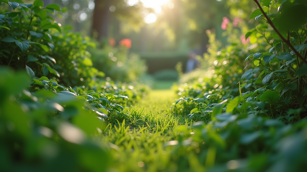 Eye-level view of a lush green garden with diverse plants