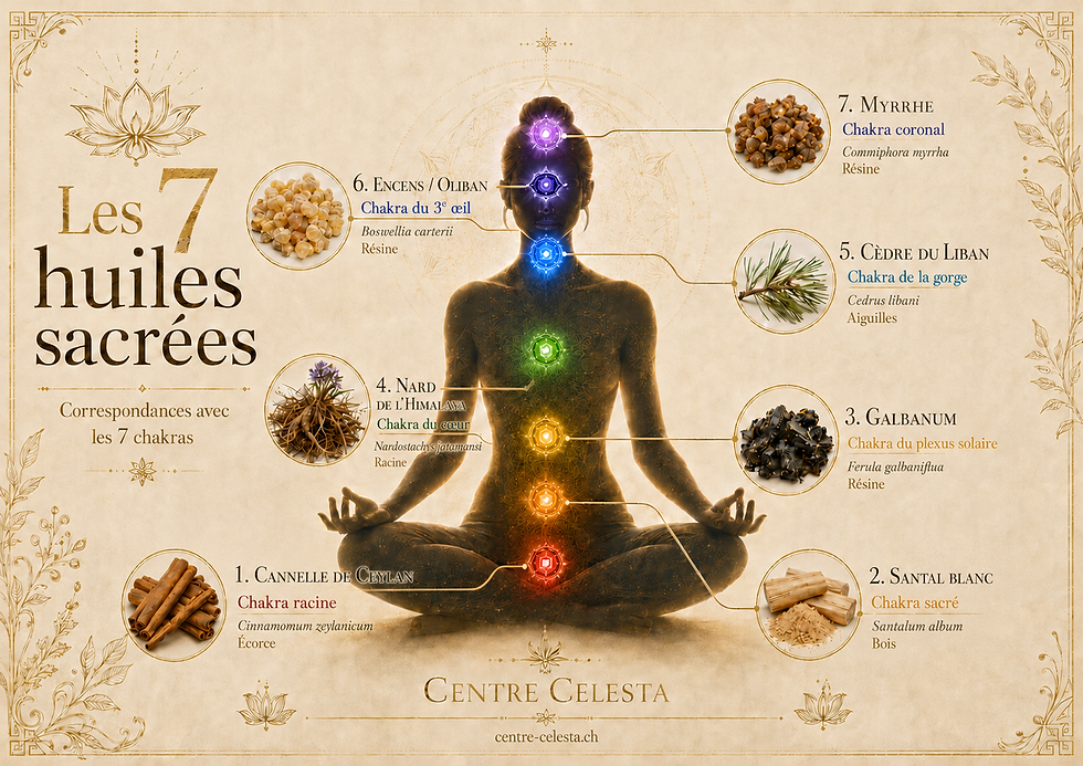 Illustration des 7 huiles sacrées et de leurs correspondances avec les 7 chakras : cannelle de Ceylan pour le chakra racine, santal blanc pour le chakra sacré, galbanum pour le plexus solaire, nard de l’Himalaya pour le cœur, cèdre du Liban pour la gorge, encens oliban pour le troisième œil et myrrhe pour le chakra coronal.