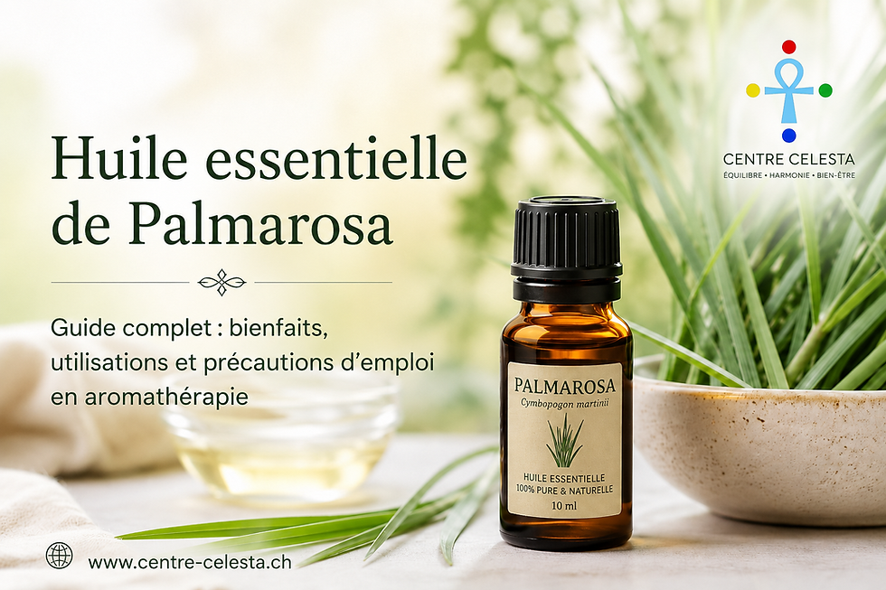 Flacon d’huile essentielle de palmarosa avec feuilles fraîches, illustration d’un guide complet sur les bienfaits, utilisations et précautions du palmarosa en aromathérapie.