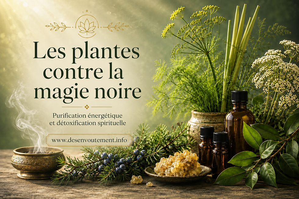 Illustration sur les plantes contre la magie noire, la purification énergétique et la détoxification spirituelle, avec genévrier, résines et huiles essentielles.