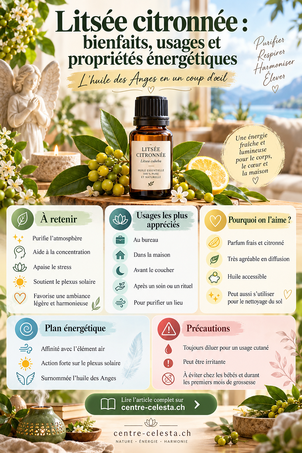 Infographie sur l’huile essentielle de Litsée citronnée présentant ses principaux bienfaits, usages, propriétés énergétiques, purification de lieu, concentration, sommeil et action sur le plexus solaire