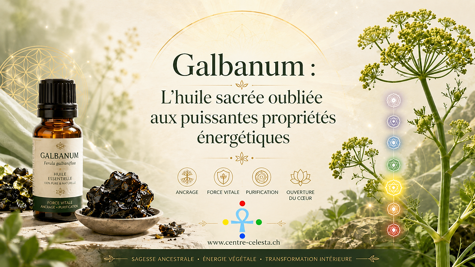 Illustration de l’huile essentielle de galbanum, huile sacrée oubliée aux puissantes propriétés énergétiques, avec mise en avant du chakra du plexus solaire, de l’ancrage, de la force vitale et de la purification spirituelle.