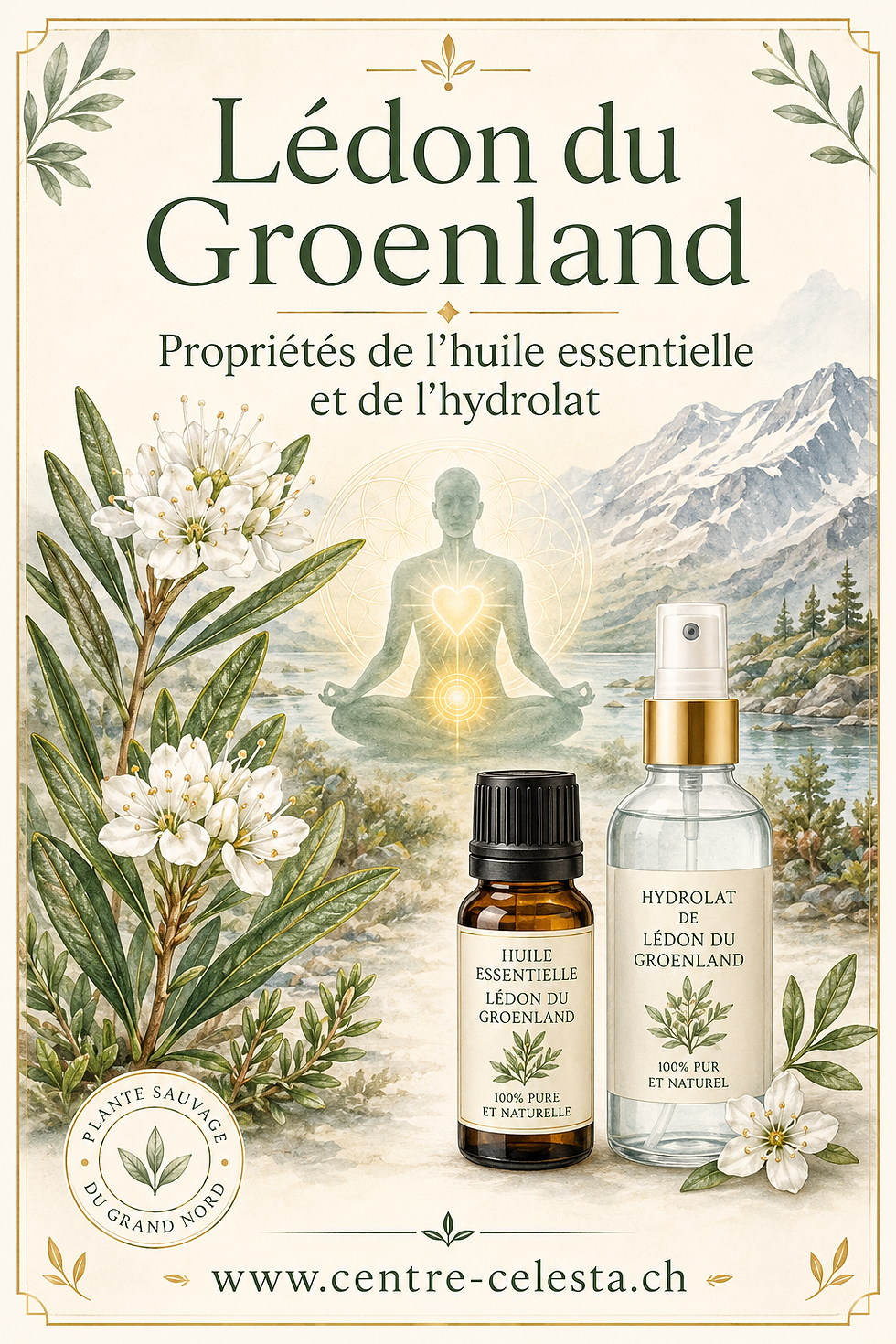 Illustration du lédon du Groenland avec la plante, l’huile essentielle, l’hydrolat et une représentation énergétique de ses propriétés en aromathérapie.