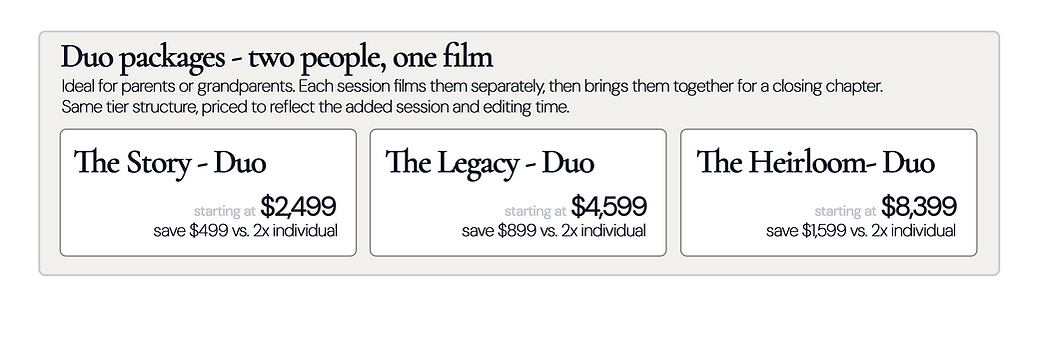 Duo Packages PRICING
