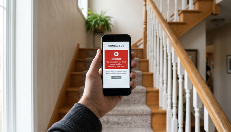 Eye-level view of a smartphone showing a broken contact form error on a home staircase