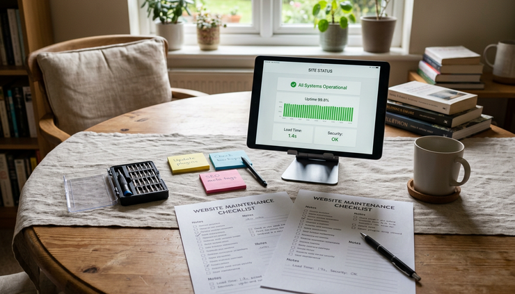 Wide-angle view of tools and printed website checklists on a dining table