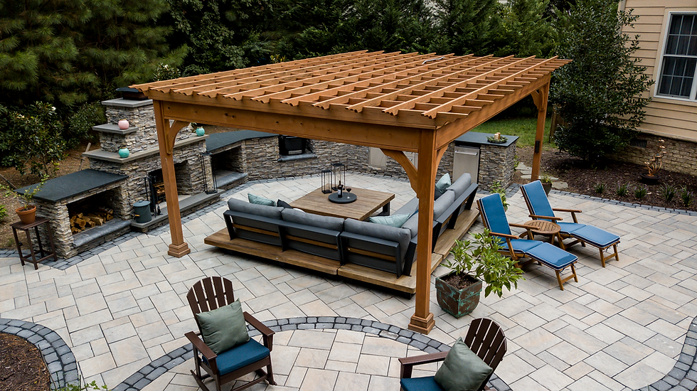 Eye-level view of a wooden pergola with climbing vines