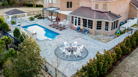 Resort Style Backyard — Pool, Kitchen, Fire Pit & Dual Covered Zones