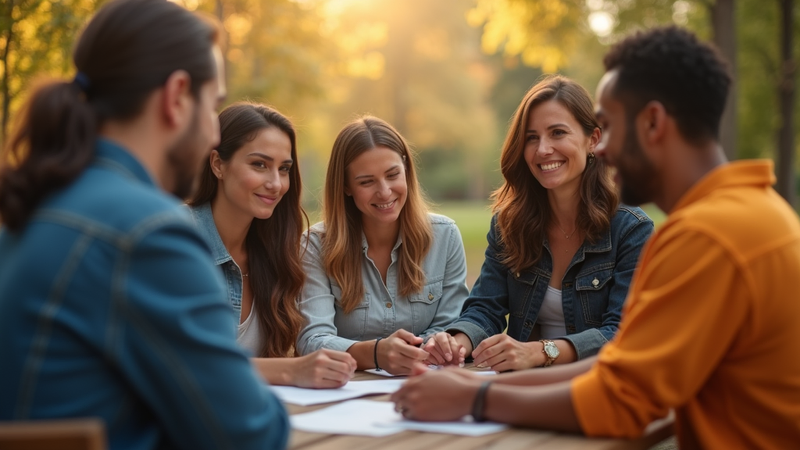 Diverse group collaborating outdoors, smiling.