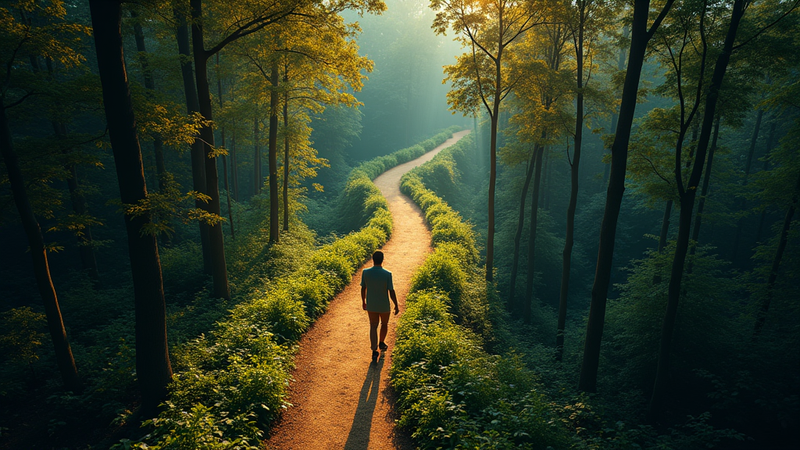 Person on a path splitting in a sunlit forest