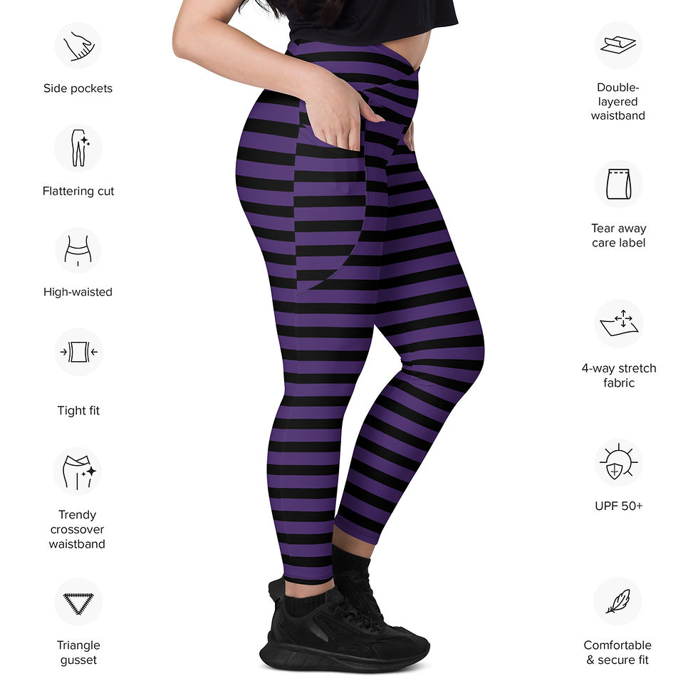Thumbnail: Rockstar Essentials Women's Crossover Leggings w/ Pockets (Goth Stripes; Purple)