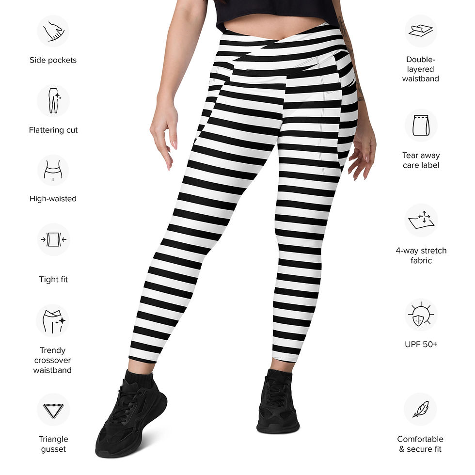 Thumbnail: Rockstar Essentials Women's Crossover Leggings w/ Pockets (Goth Stripes; Blk/Wht