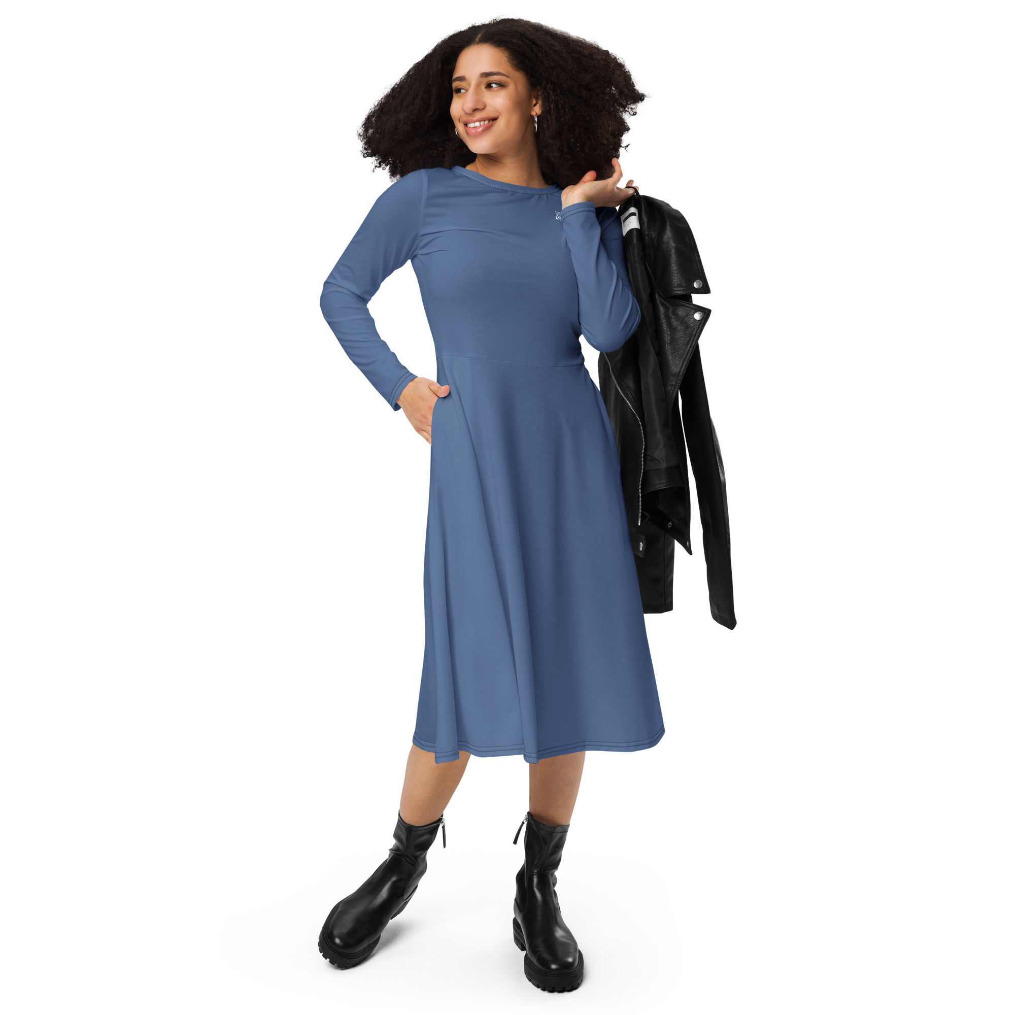 Classic Essentials Women's Long Sleeve Midi Dress w/ Pockets (Super Blue)