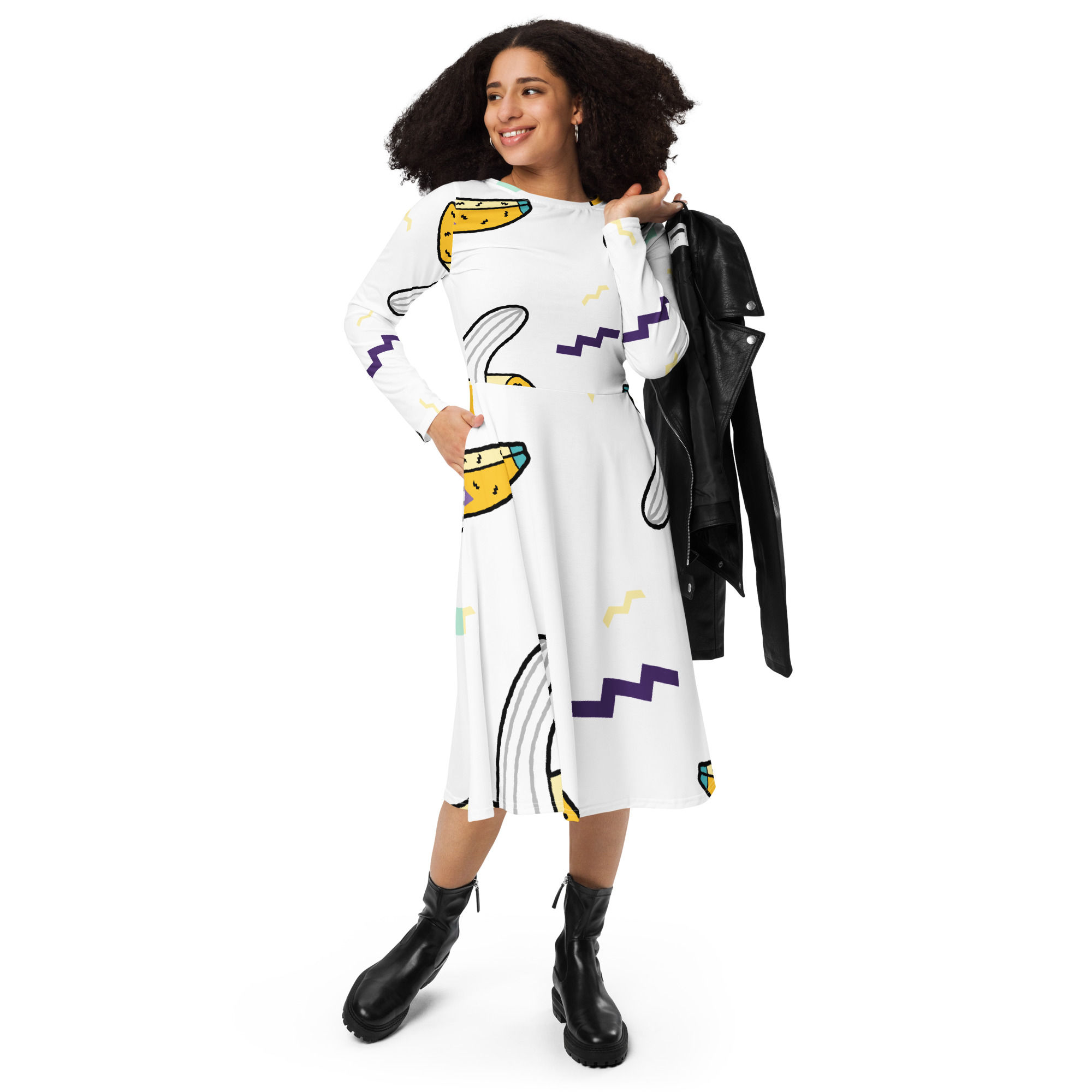 Rockstar Essentials Women's Long Sleeve Midi Dress w/ Pockets (Go Bananas; White