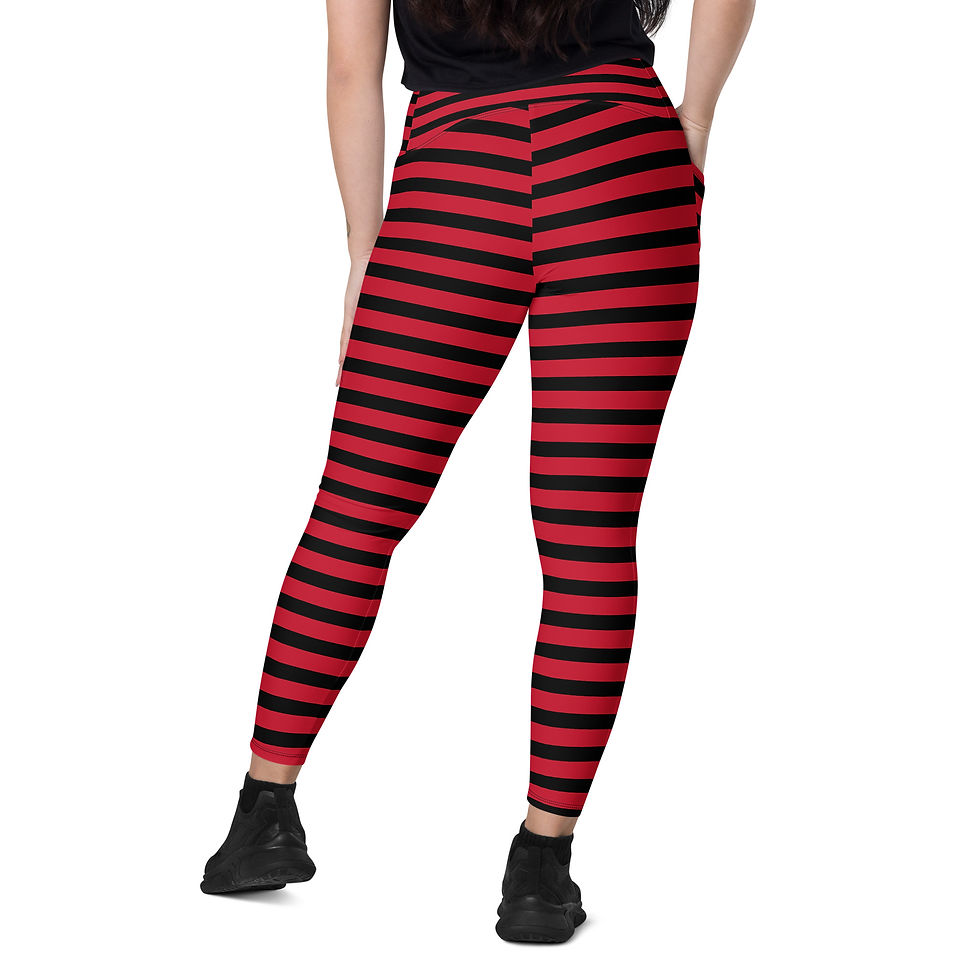 Thumbnail: Rockstar Essentials Women's Crossover Leggings w/ Pockets (Goth Stripes; Red)