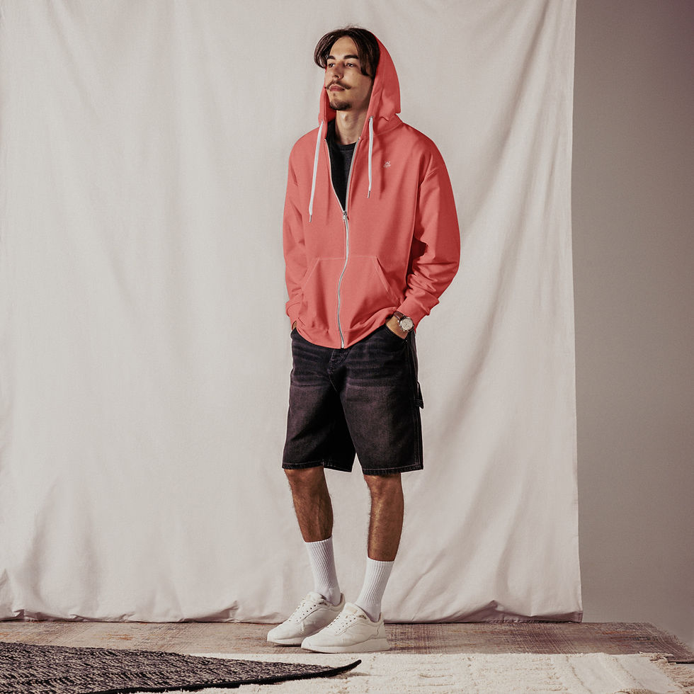 Thumbnail: Classic Essentials Zip Hoodie (Unisex; Salmon; White Stitch)