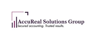 Logo for AccuReal Solutions Group featuring vertical bar graphic and the tagline promoting secure, trusted accounting.