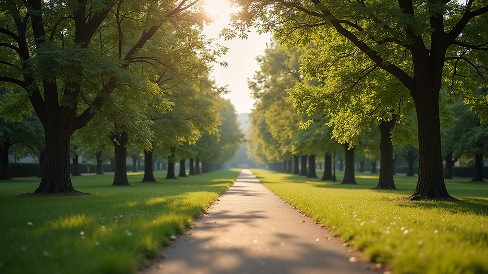 Eye-level view of a serene park with a walking path