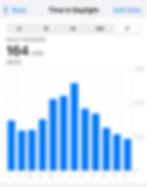 Bar chart titled "Time In Daylight" for 2025, showing daily average of 164 mins. Monthly data peaks in July; blue bars, white background.