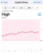 Graph titled "Cardio Fitness" shows a line chart with a red line indicating a high average level in 2025, against a pink grid background.