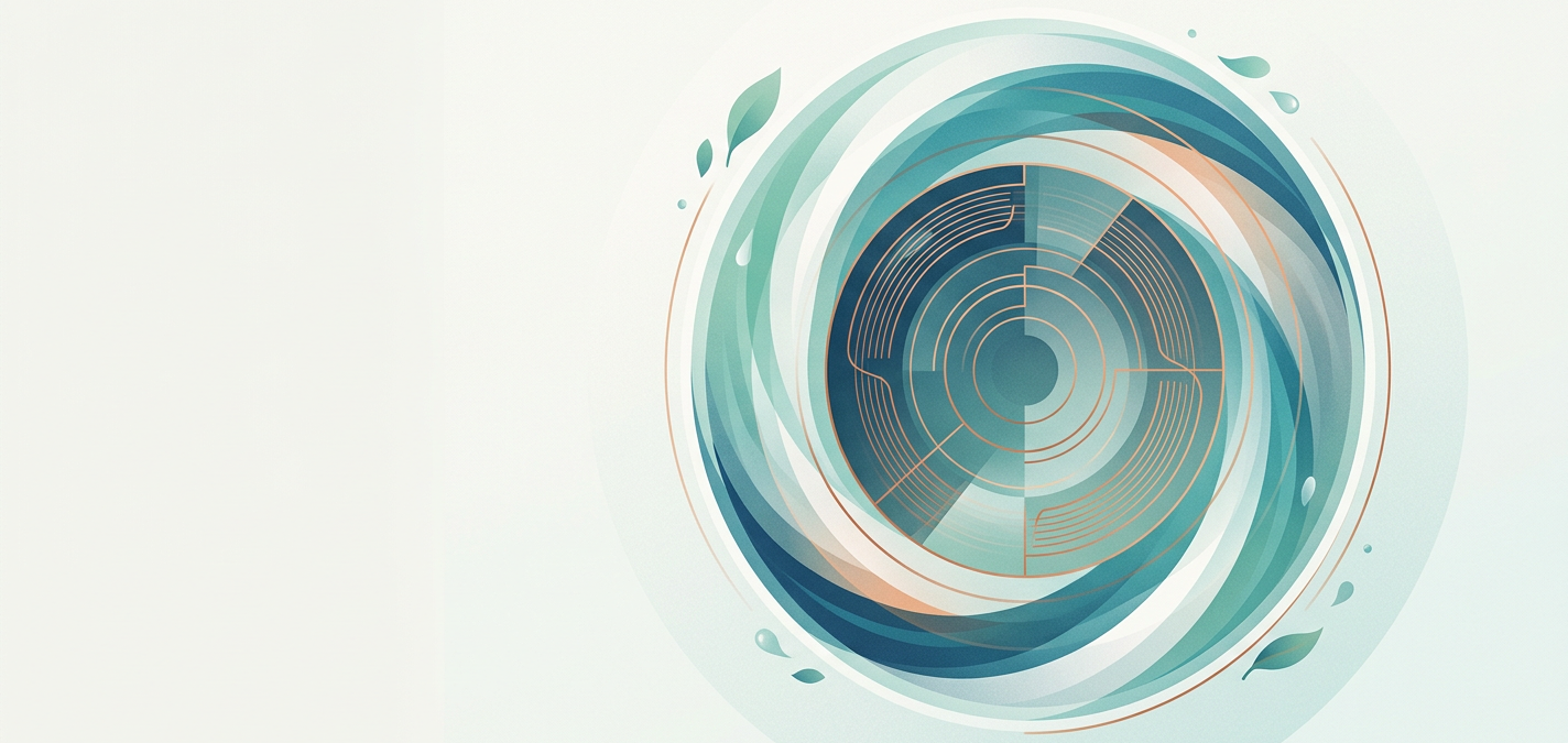 Abstract editorial illustration of sustainable laundry and precision motion. A large circular form at the center, suggesting a drum or rotor, built from concentric rings and flowing curved bands that spiral inward as if in smooth rotation.