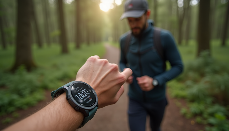 Eye-level view of a runner using a smartwatch on a forest trail