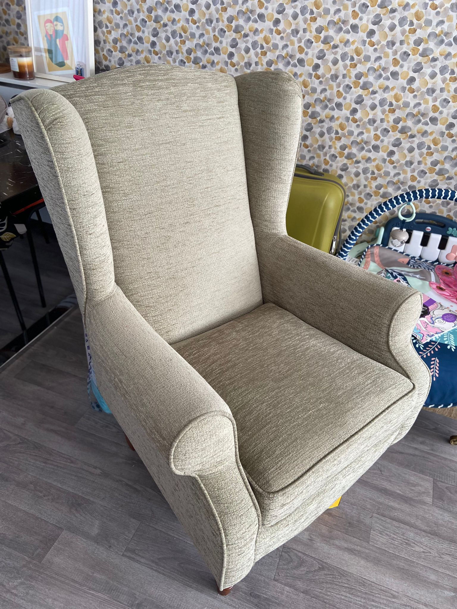 Light grey wing back armchair 