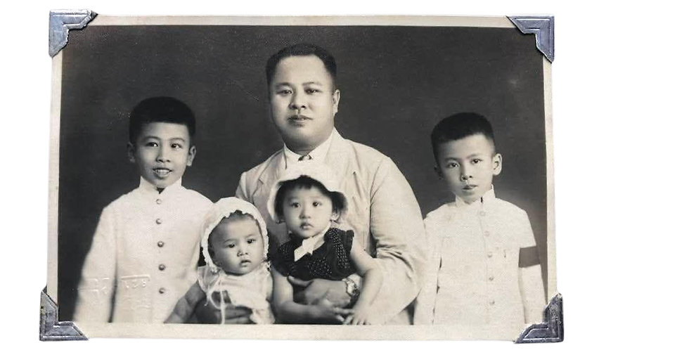  คุณพ่อ (จุลินทร์ ล่ำซำ) ถ่ายกับลูกๆ ในชุดไว้ทุกข์หลังคุณแม่ (สงวน) เสียชีวิต