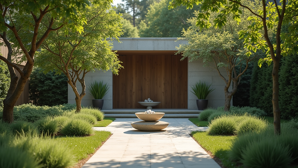 Eye-level view of a serene garden with a meditation space