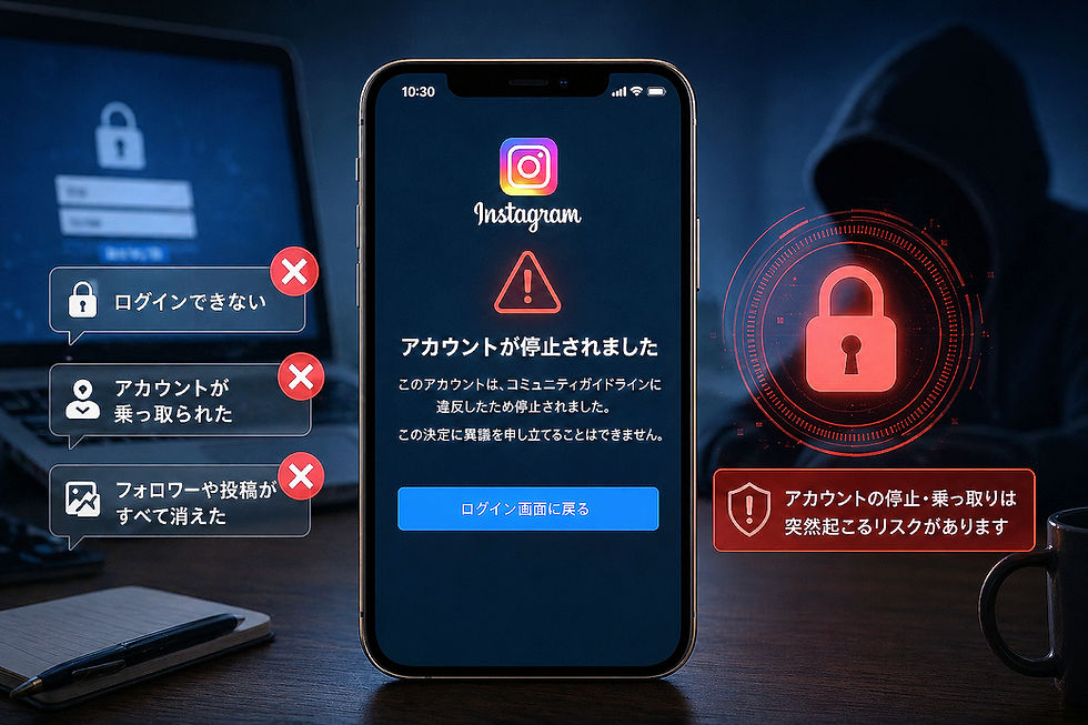 SNSのみの集客だと発生するリスクを説明。スマホ画面に表示された「アカウントが停止されました」の警告メッセージ。背景にフードの人物とロックアイコン。緊迫感。