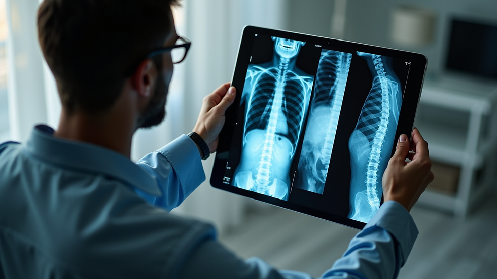High angle view of a chiropractor reviewing patient X-rays