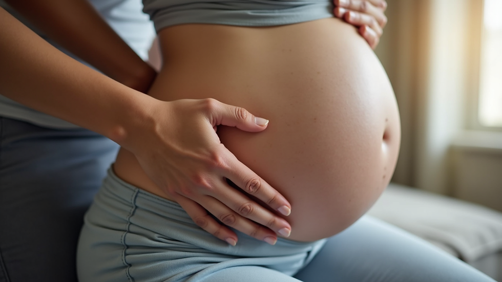 Close-up view of a pregnant woman receiving gentle chiropractic adjustment on her lower back