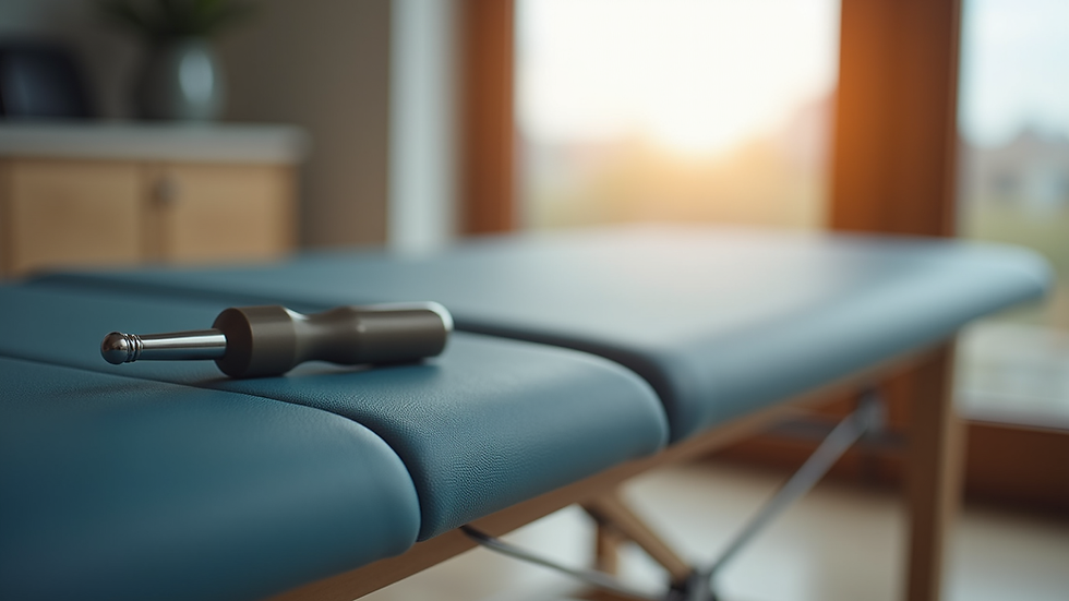 Eye-level view of chiropractic table with neck adjustment tools