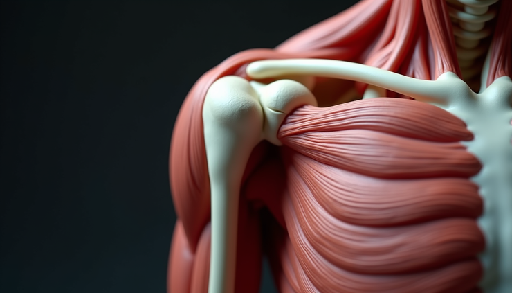 Close-up view of a shoulder joint model highlighting muscles and tendons