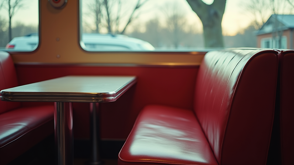 Close-up view of a diner booth with a single empty chair