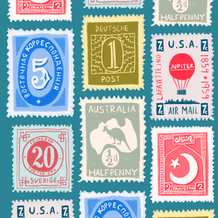 An illustration of various types of postage stamps.