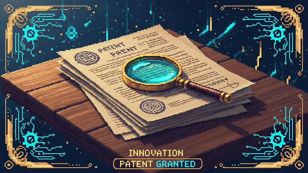 Close-up view of patent documents and a magnifying glass on a wooden table