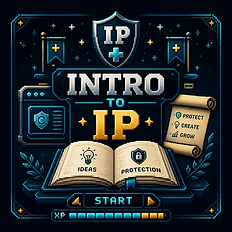 Intro to IP graphic with icons for ideas and protection.