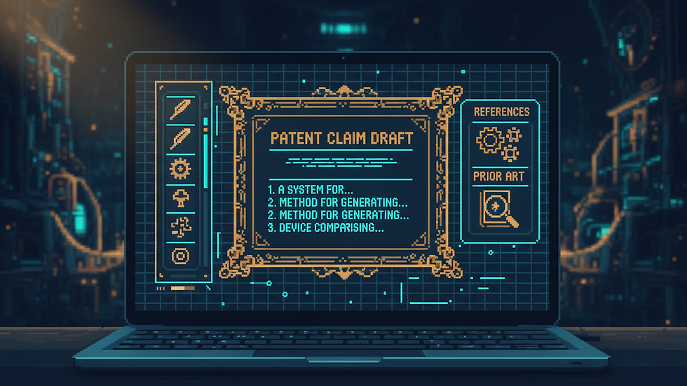 Close-up view of a laptop screen showing patent drafting software