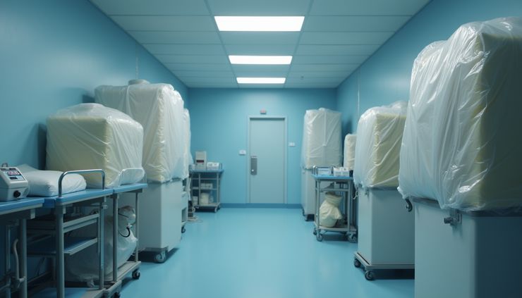 Vista frontal de suprimentos médicos e equipamentos selados a vácuo para armazenamento prolongado