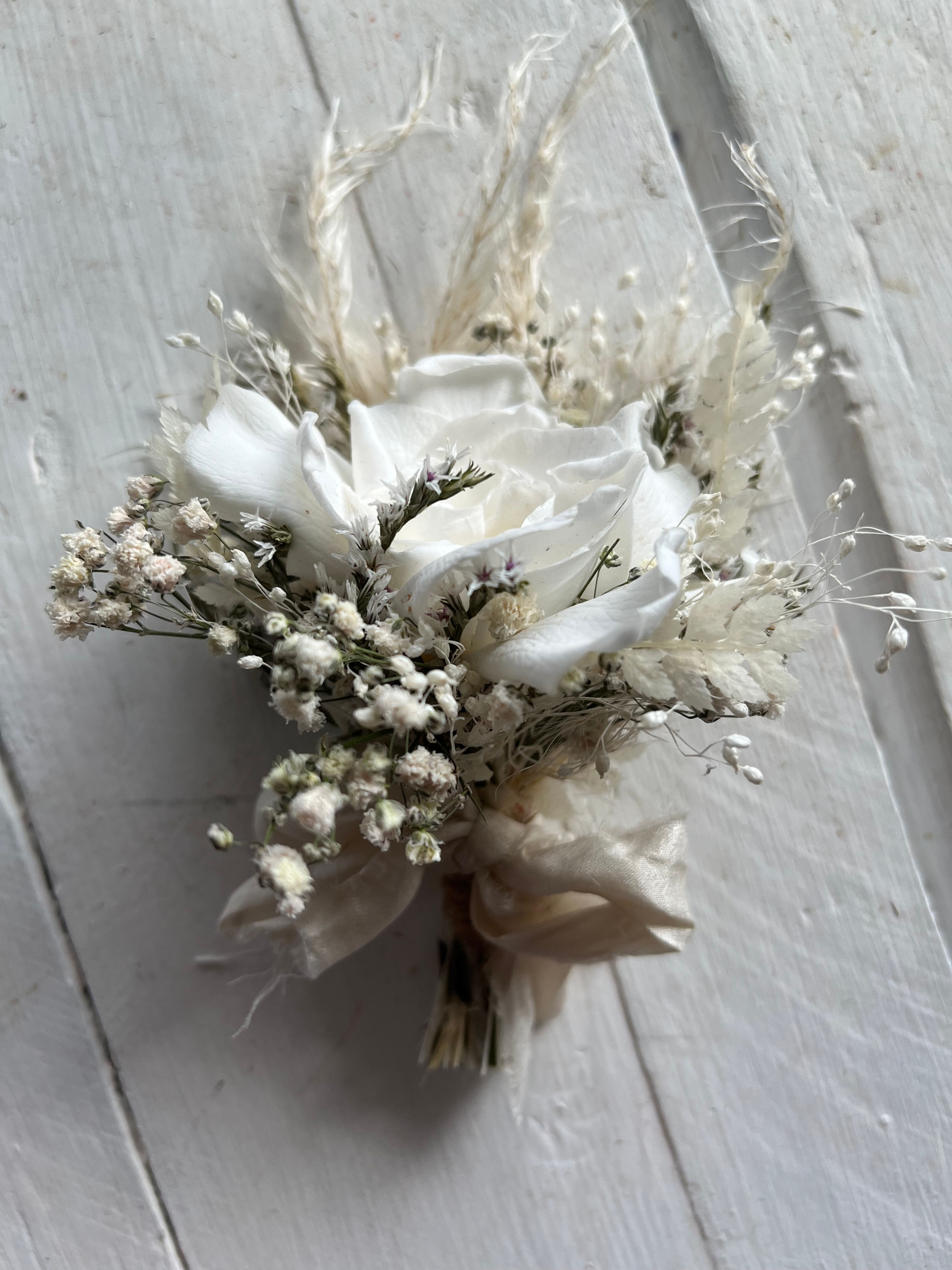 White Preserved Gardenia Wedding Boutonniere silk ribbon
