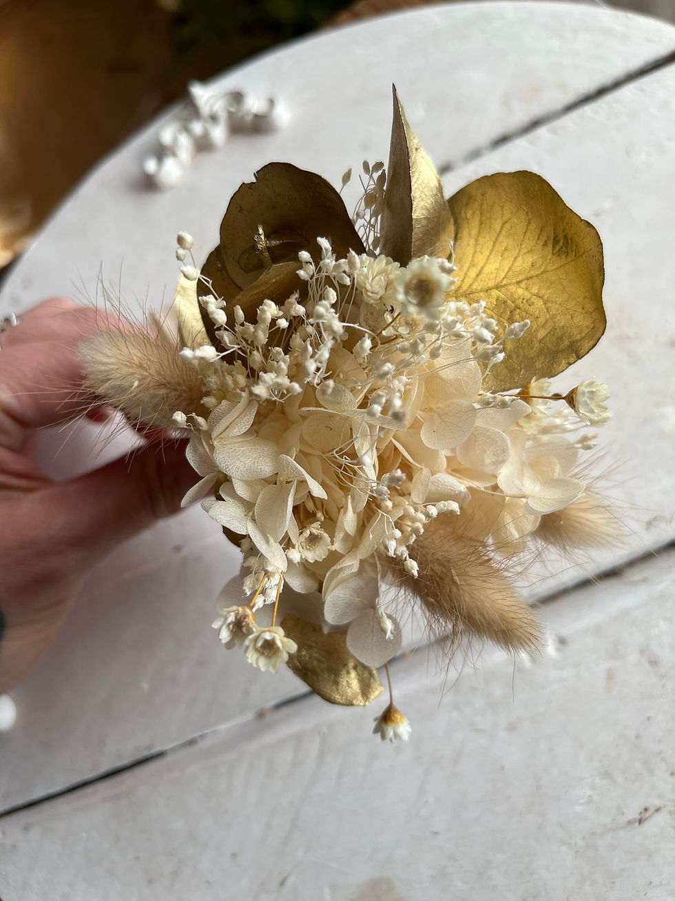 Thumbnail: Gold Eucalyptus Cream Preserved Hydrangea Wedding Boutonniere silk ribbon
