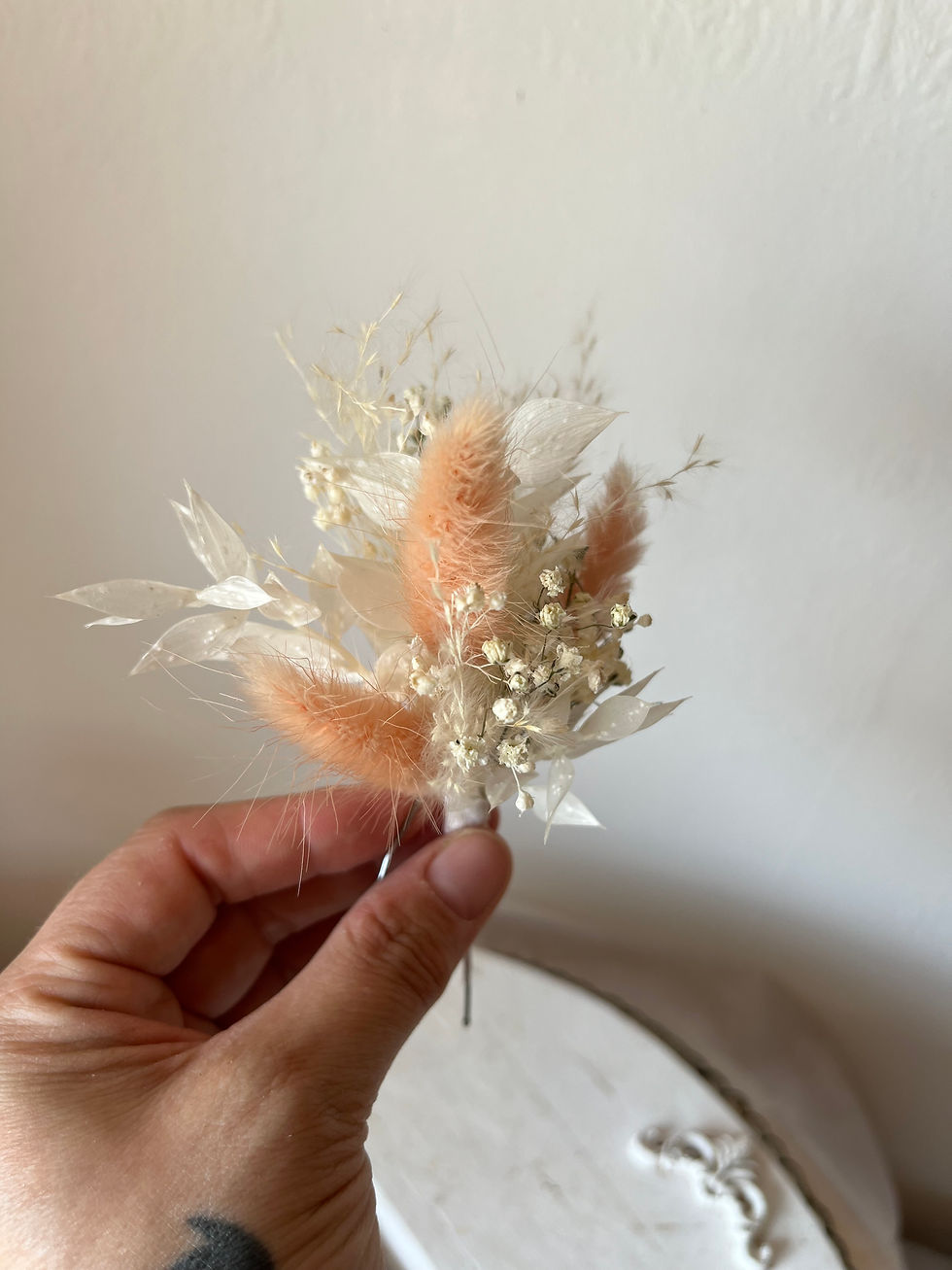 Thumbnail: Dried flower hair pins: peaches and cream florals