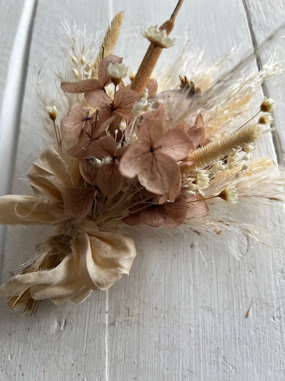 Thumbnail: Preserved Latte Hydrangea Natural Meadow Wedding Boutonniere silk ribbo
