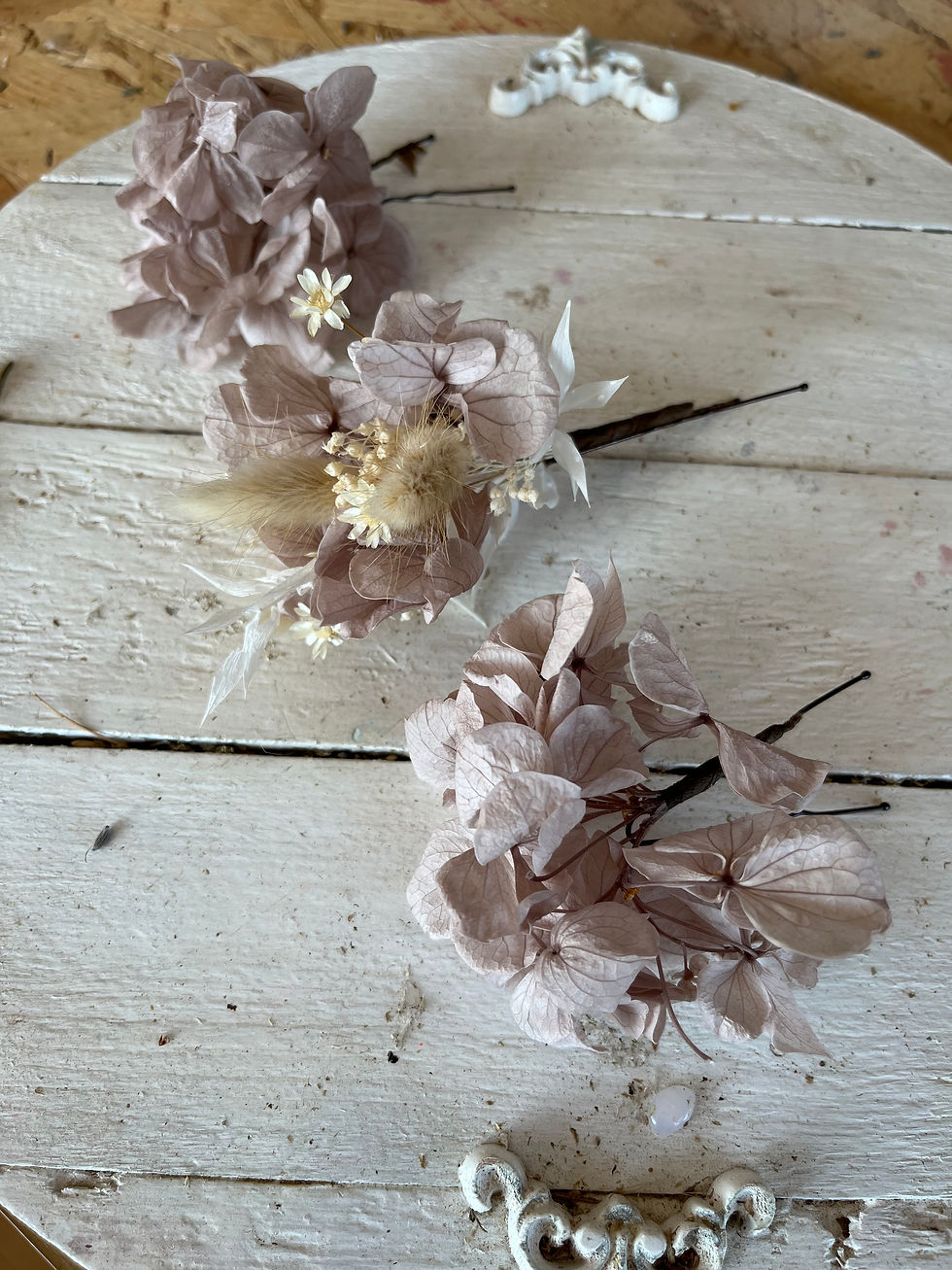 Thumbnail: Preserved hydrangea hazelnut mocha neutral hair pins