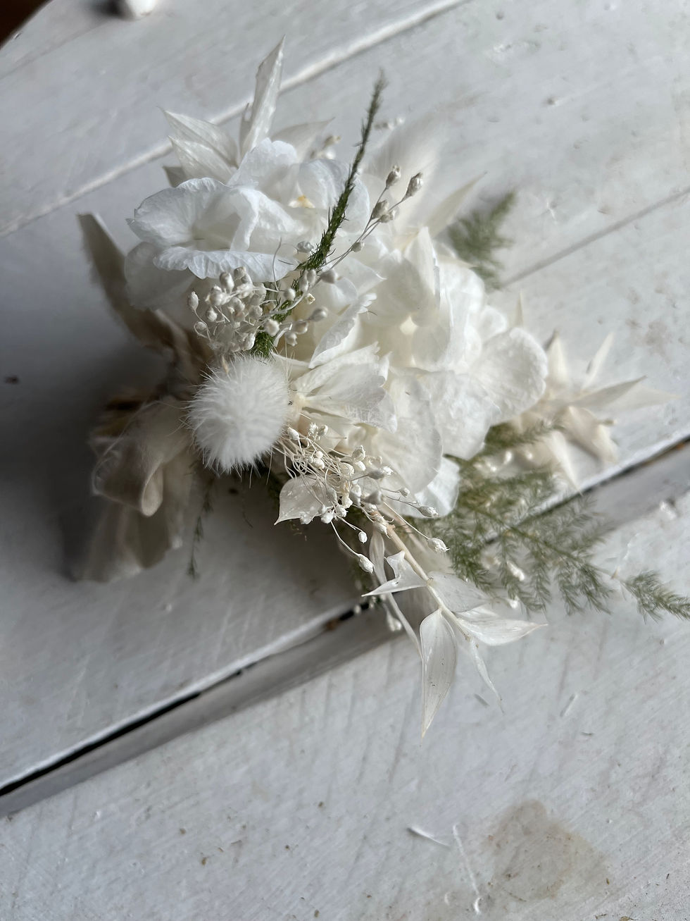 Thumbnail: White Preserved Hydrangea Wedding Boutonniere silk ribbon
